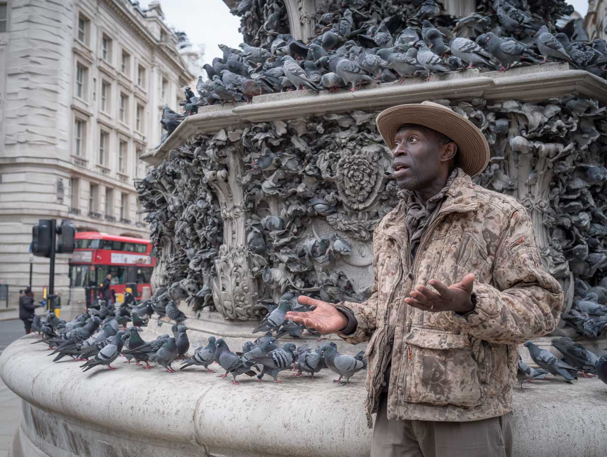 dry-humored Londoner explaining the politics behind a pigeon-covered monument