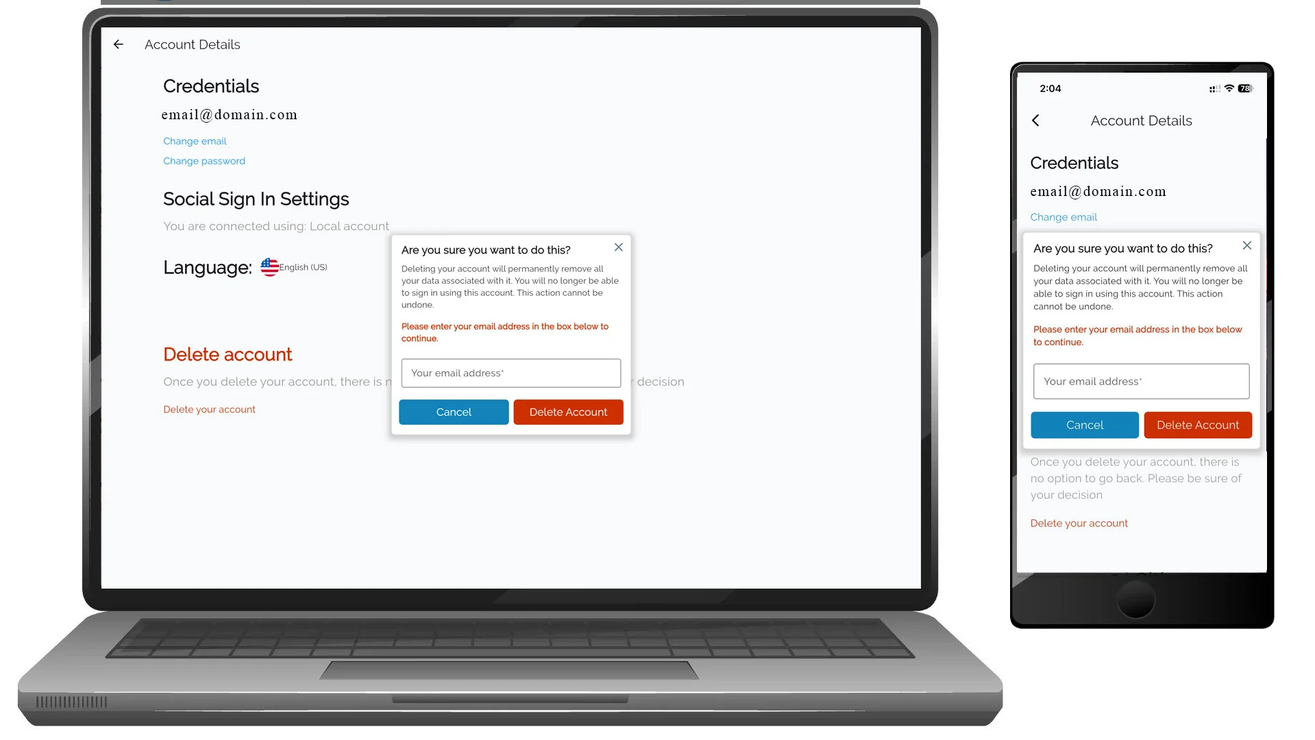 Delete account section